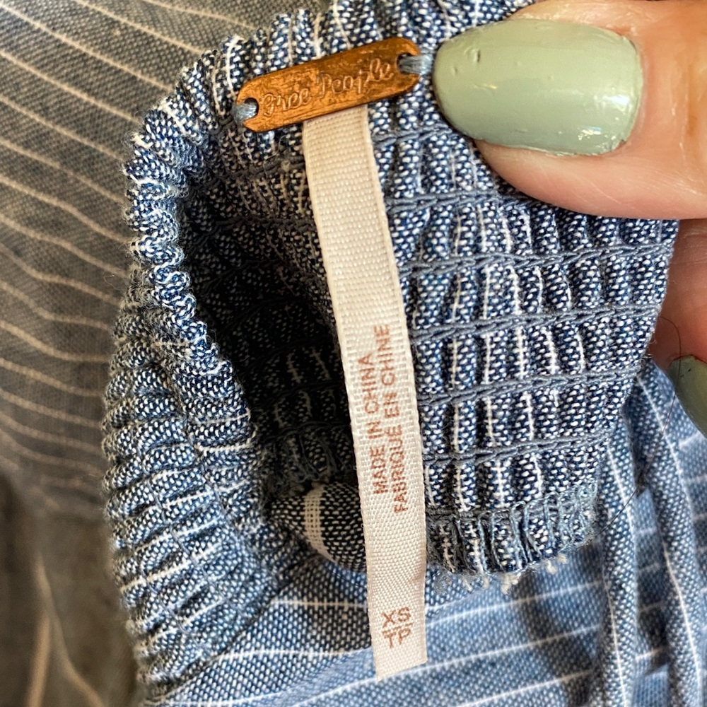 Free People blue and white Striped Mini Dress open back puff sleeves denim like - Picture 11 of 12